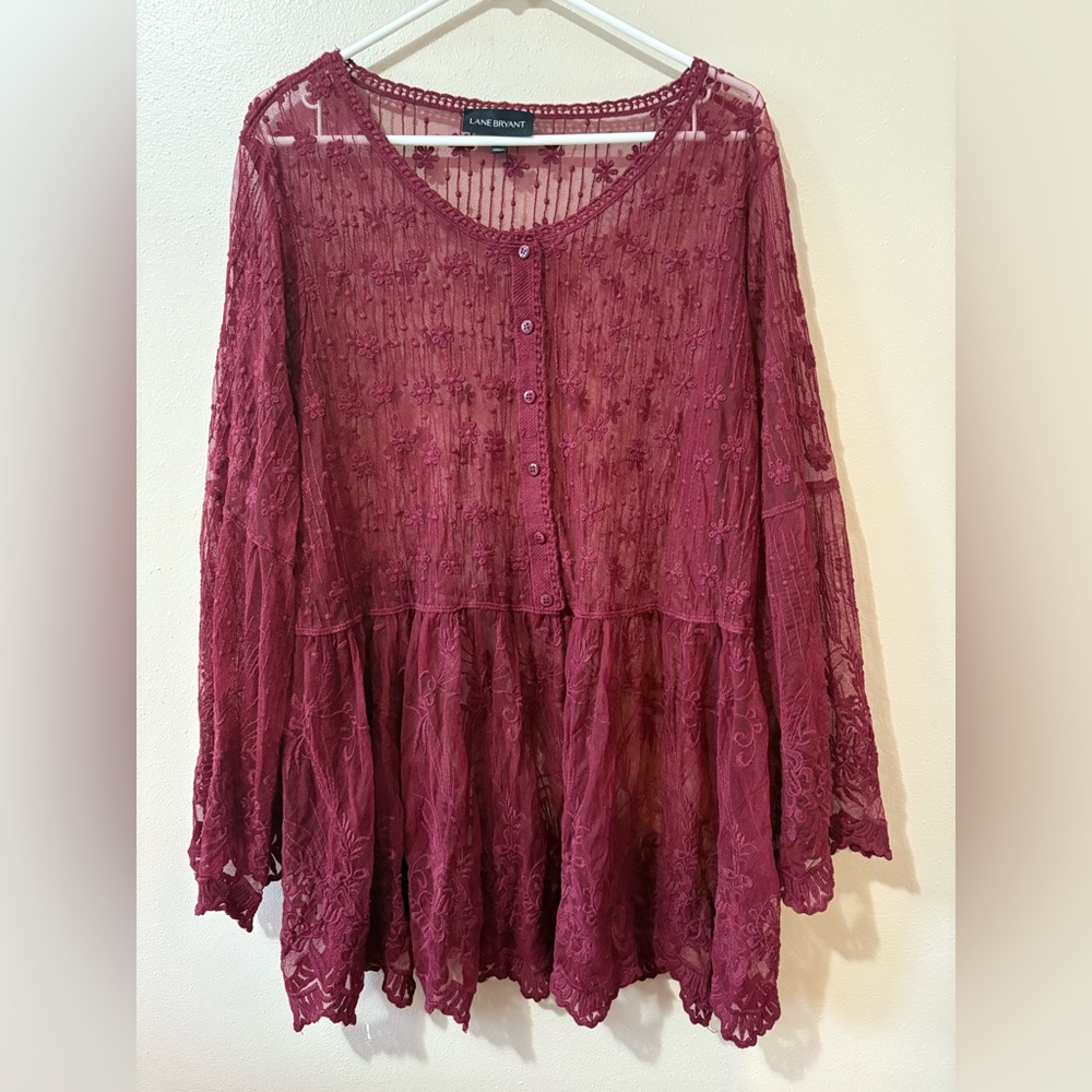 Lane Bryant Embroidered Sheer Babydoll Top in Zinfandel Womens size 18/20